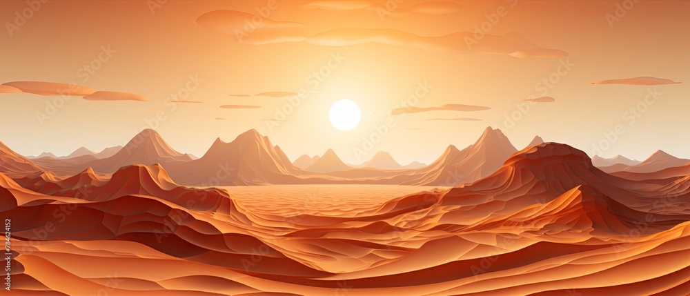 Naklejka premium Realistic paper-cut illustration of intense sun rays scorching the earth, minimalist design, blurred desert background,
