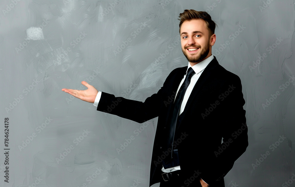 A businessman is pointing at a gray board
A businessman is pointing at a gray board