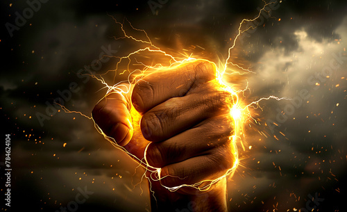 Clenched Fist with Flashing Lighting   The Concept of Energy and Strength © PETR BABKIN