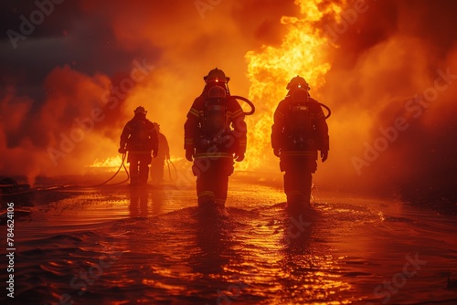 Brave firefighters in full gear advancing through water towards an intense fire during a night operation photo