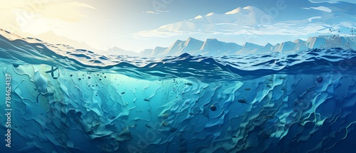 Realistic paper-cut illustration of excessive plastic pollution in oceans, minimalist style, blurred ocean background,
