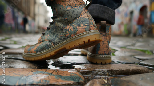 Trendsetting waterproof boots with world map print for globetrotters and outdoor activities. Excellent for travel gear advertisements and Instagram influencer marketing. photo