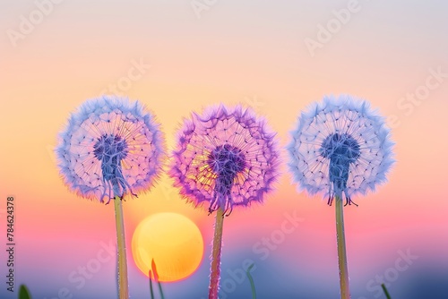 background wallpaper landscape of Beautiful dandelion flowers in the field with a sunset