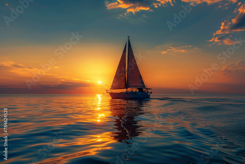 Sailboat sailing in ocean at sunset. Sea voyage © Lazy_Bear