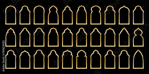 Islamic frames, oriental style. Golden arabic shapes, windows and arches. Traditional ornamental banner, frame. Muslim holidays, Ramadan Kareem. Modern eastern architecture. Vector illustration