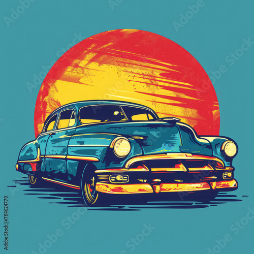 Logo with retro car, old fashioned illustration. Classic car in vintage style design emblem