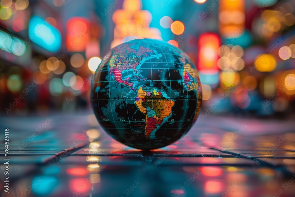 A detailed globe with a world map on a lit city backdrop shows the interconnectedness of places and night-time trade and travel activities A detailed globe with a world map on a lit city backdrop shows the interconnectedness of places and night-time trade and travel activities
