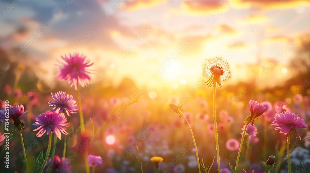 background wallpaper landscape of Beautiful dandelion flowers in the field with a sunset