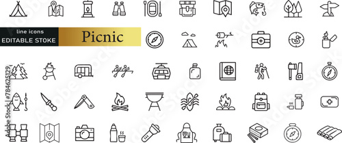 Summer Outdoor Recreation and Picnic vector line icon set. Contains linear outline icons like Campfire, Table, Camping, Grill, Food, Bbq, Hamburger, Blanket, Drink, Hiking. Editable use and stroke
