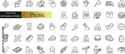 Summer Outdoor Recreation and Picnic vector line icon set. Contains linear outline icons like Campfire, Table, Camping, Grill, Food, Bbq, Hamburger, Blanket, Drink, Hiking. Editable use and stroke