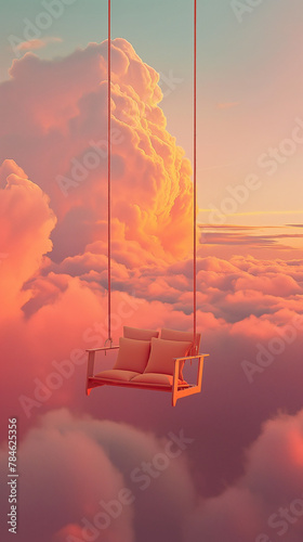 Surreal swing on clouds during sunset, perfect for concept art or dreamy wallpapers