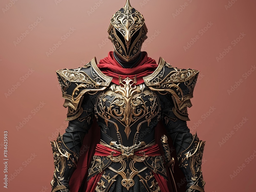 A regal avatar in ornate armor, commanding respect in the world of digital assets with a light red background
