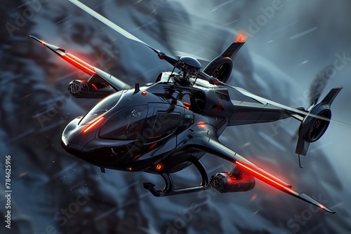 A futuristic Helicopter Fighter with a sleek black design and fiery red accents, ready to unleash its devastating arsenal photo