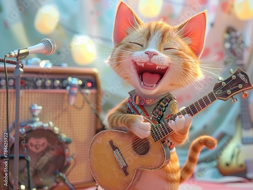 A happygolucky feline musician showcasing their talents in a vibrant animated world with a light pastel theme