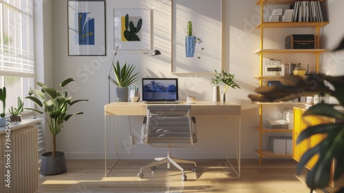A modern home office with a spacious desk, ergonomic chair, and minimalist decor, featuring potted plants, artwork, and a sleek laptop