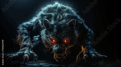 A menacing chimera with glowing red eyes and sharp claws emerges from the darkness on a black background