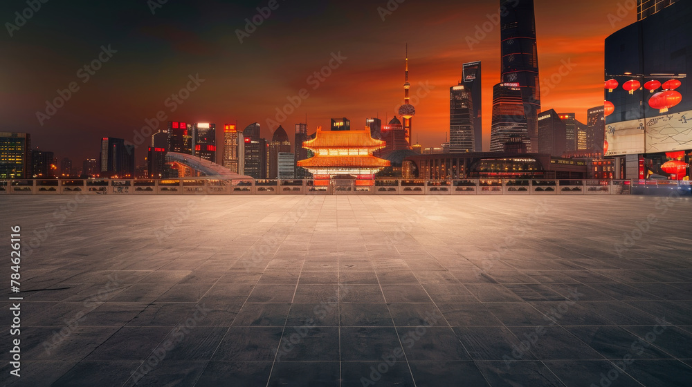 Night scene with a triumphal arch in the background