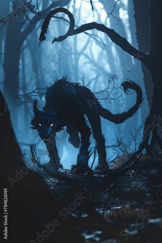 An eerie animation of a frightful chimera slinking through a haunted forest, its shadowy form shifting and morphing