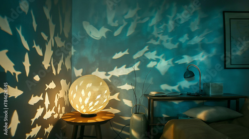 Serene bedroom scene with ocean-themed light projection, ideal for interior design promotions or relaxation blog posts photo