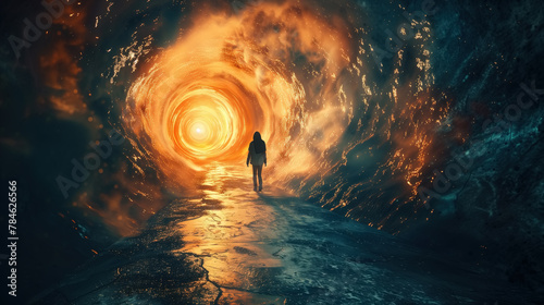 Woman walking through the dark colorful tunnel towards the glowing light. Mystical portal to another world, different dimension or afterlife. Exploration, transition, the unknown.