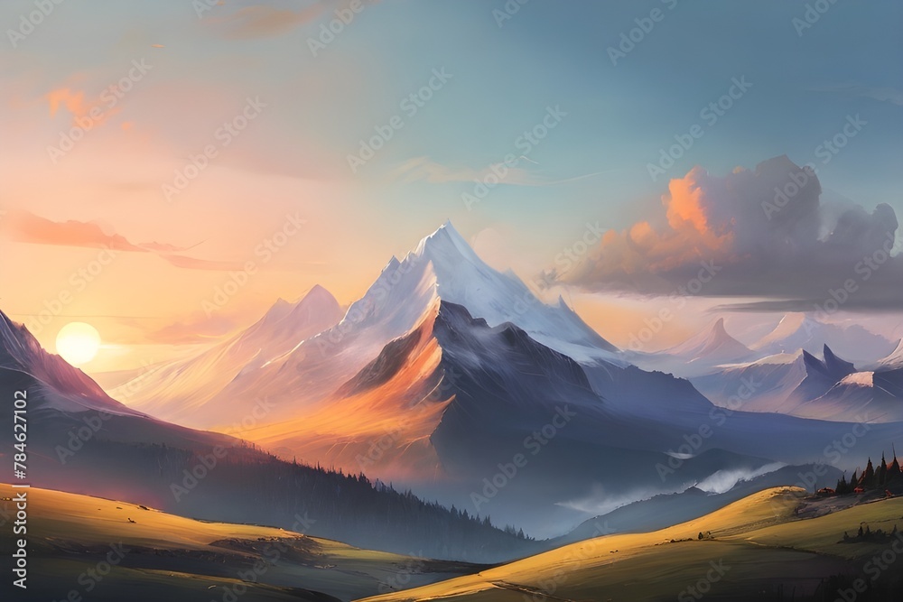 Gorgeous autumnal scenery featuring a mountains, digital illustration, painting, and A picturesque autumnal scene featuring the mountains in the distance. digital illustration