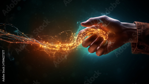 Hand with dynamic energy particles flowing from fingertips. Power and technology concept. Design for science fiction, poster, wallpaper. Studio shot with visual effects