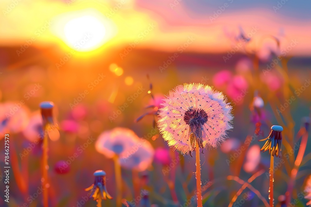 background wallpaper landscape of Beautiful dandelion flowers in the field with a sunset