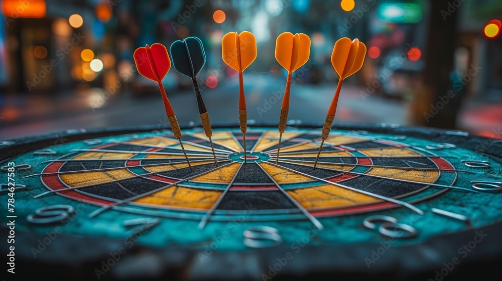 Fototapeta premium Close-up of darts in bullseye on dartboard with blurred city lights background, Concept of goal achievement, accuracy, and focused success