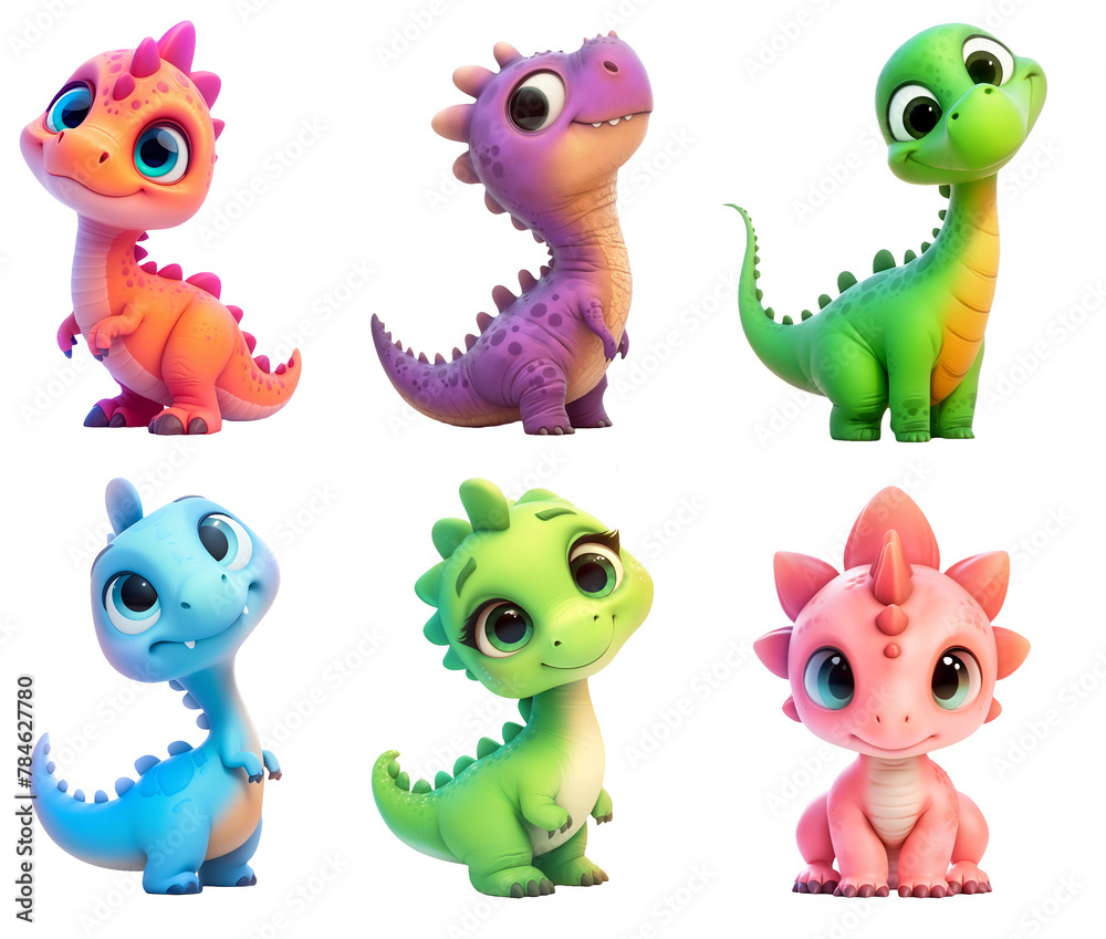 Fototapeta premium Cartoon 3d style render dinosaur character in comic style for kids on transparent background.. Funny and cool animal. Set of elements for design greeting card for boy birthday , banner, sticker