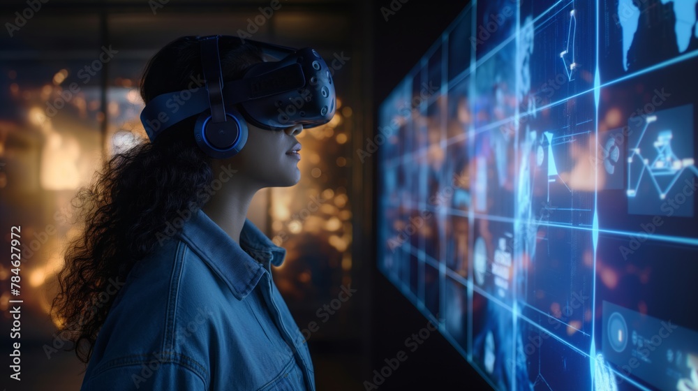 Woman in VR headset immersed in interactive screen exploration, concept of virtual reality, technology, and futuristic innovation Woman in VR headset immersed in interactive screen exploration, concept of virtual reality, technology, and futuristic innovation