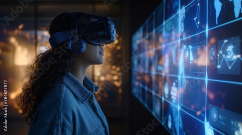Woman in VR headset immersed in interactive screen exploration  concept of virtual reality  technology  and futuristic innovation