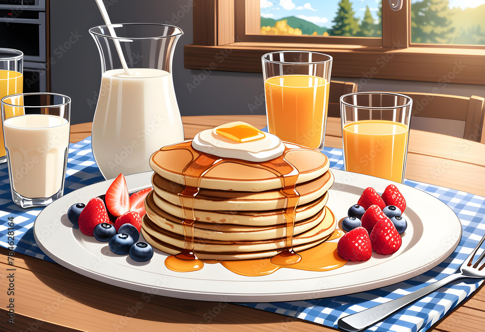 Un acercamiento a una imagen que representa un delicioso desayuno con varios vasos de jugo de naranja - obrazy, fototapety, plakaty 