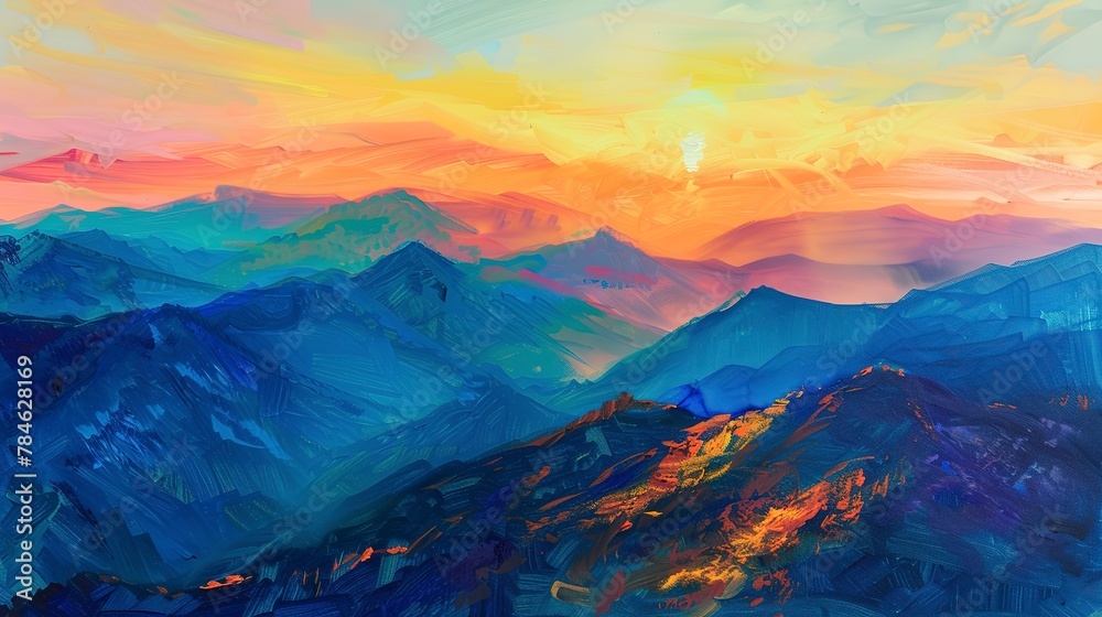 Oil paint, mountain sunrise, vibrant horizon, early morning, wide angle, glowing edges.
