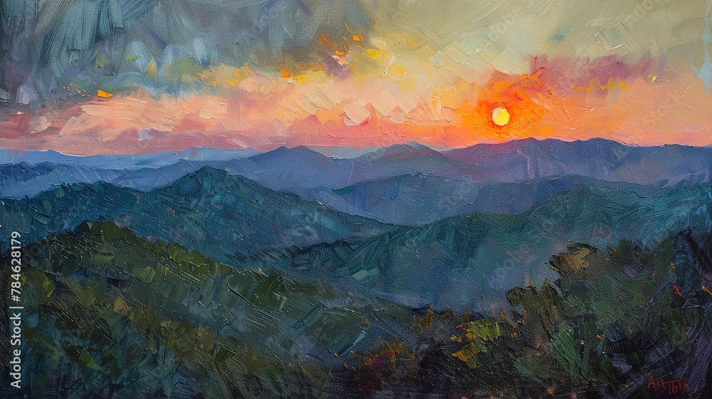 Oil paint, mountain sunrise, vibrant horizon, early morning, wide angle, glowing edges. 