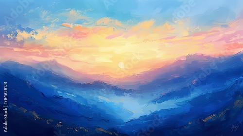 Oil paint, mountain sunrise, vibrant horizon, early morning, wide angle, glowing edges.  #784628173