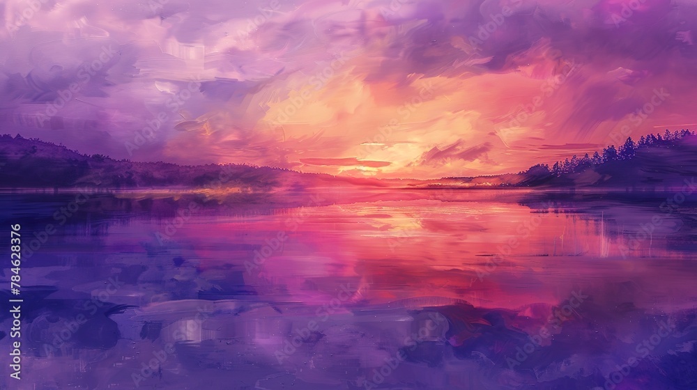 Abstract oil painting, lake at sunset, oil effect, tranquil purples and pinks, dusk, wide angle, serene water. 