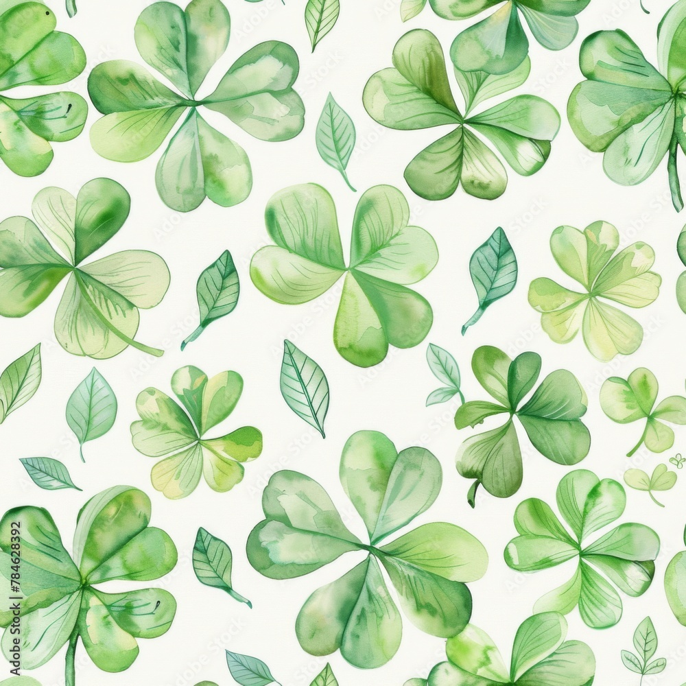 Seamless Pattern of Watercolor Clover and Leaves Illustration