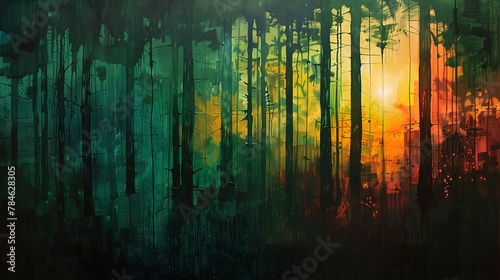 Abstract, forest sunset, oil painting, deep greens and reds, evening, low angle, light shafts.  photo