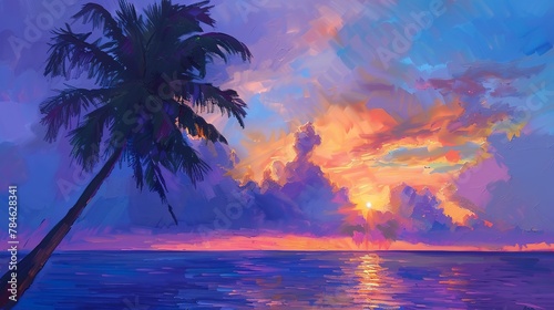 Oil painting, tropical sunrise, vibrant sky, early light, panoramic, palm silhouette.  © Thanthara