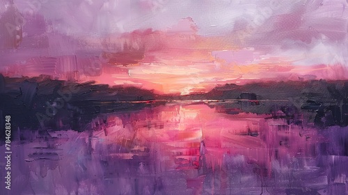 Abstract oil painting, lake at sunset, oil effect, tranquil purples and pinks, dusk, wide angle, serene water. #784628348