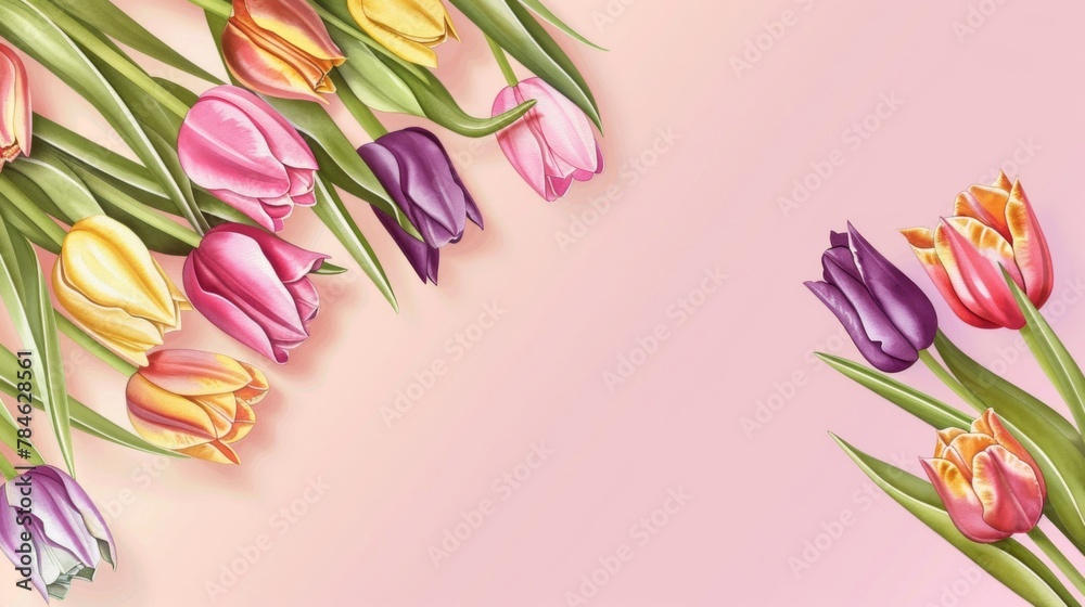 Fototapeta premium Vibrant Bouquet of Colorful Tulips on Pink Background