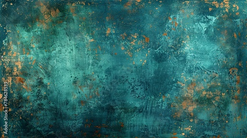 Oilp painting Abstract, copper verdigris, oil effect, teal aging, twilight, panoramic, aged texture. photo