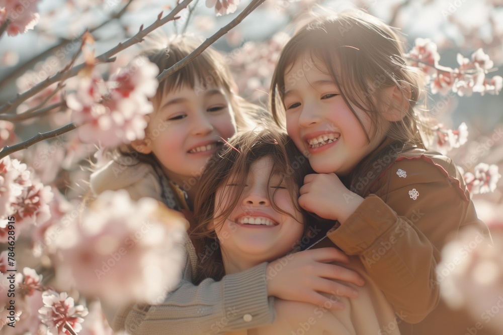 Obraz premium Happy kids playing in the park with sakura, spring and summer, outdoor fun, sisterhood