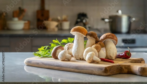 A selection of fresh vegetable: beech mushrooms, sitting on a chopping board against blurred kitchen background; copy space