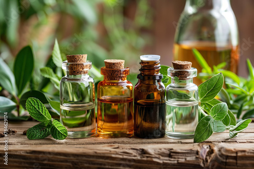 Assortment of Essential Oils with Fresh Herbs