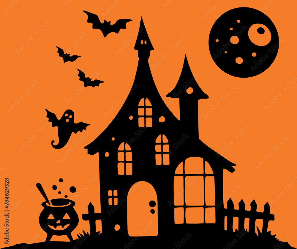  Set of Halloween silhouettes on an orange background. pattern and decoration. Vector illustration.