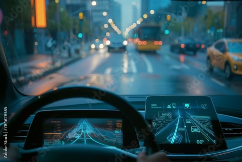 A person drives a car through the bustling city streets, navigating traffic and interacting with the dynamic urban environment.