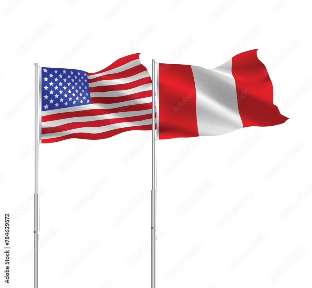 Obraz premium American and Peru flags together.USA,Peru flags on pole