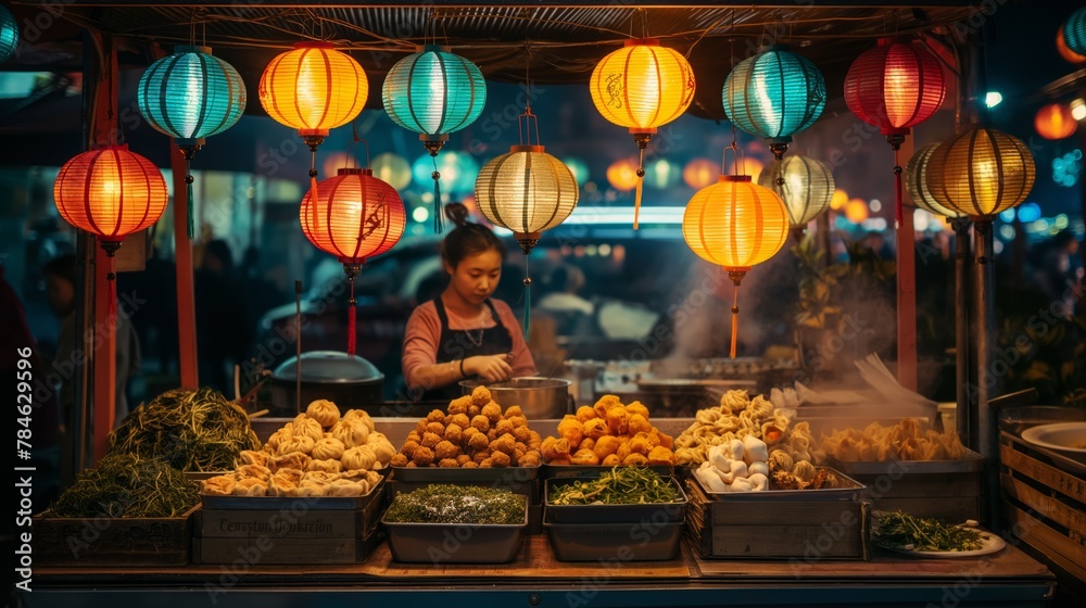 Bustling Asian street food stall with vibrant lanterns and diverse cuisine, Concept of culture, culinary exploration, and night markets