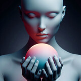 surreal woman holding hot sphere